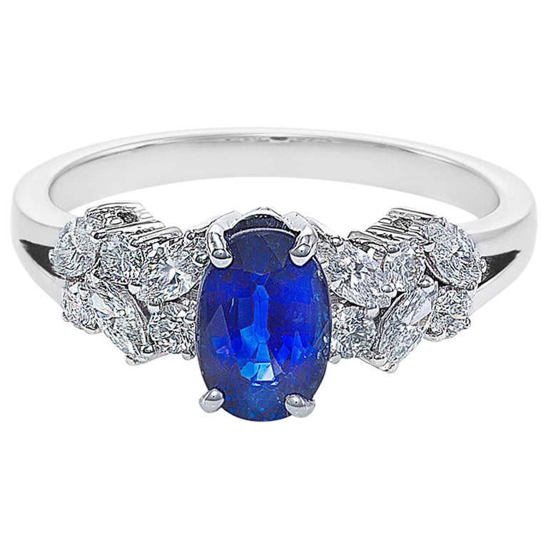 Natural Royal Blue Oval Shape Blue Sapphire and Marquise Diamond Engagement Ring