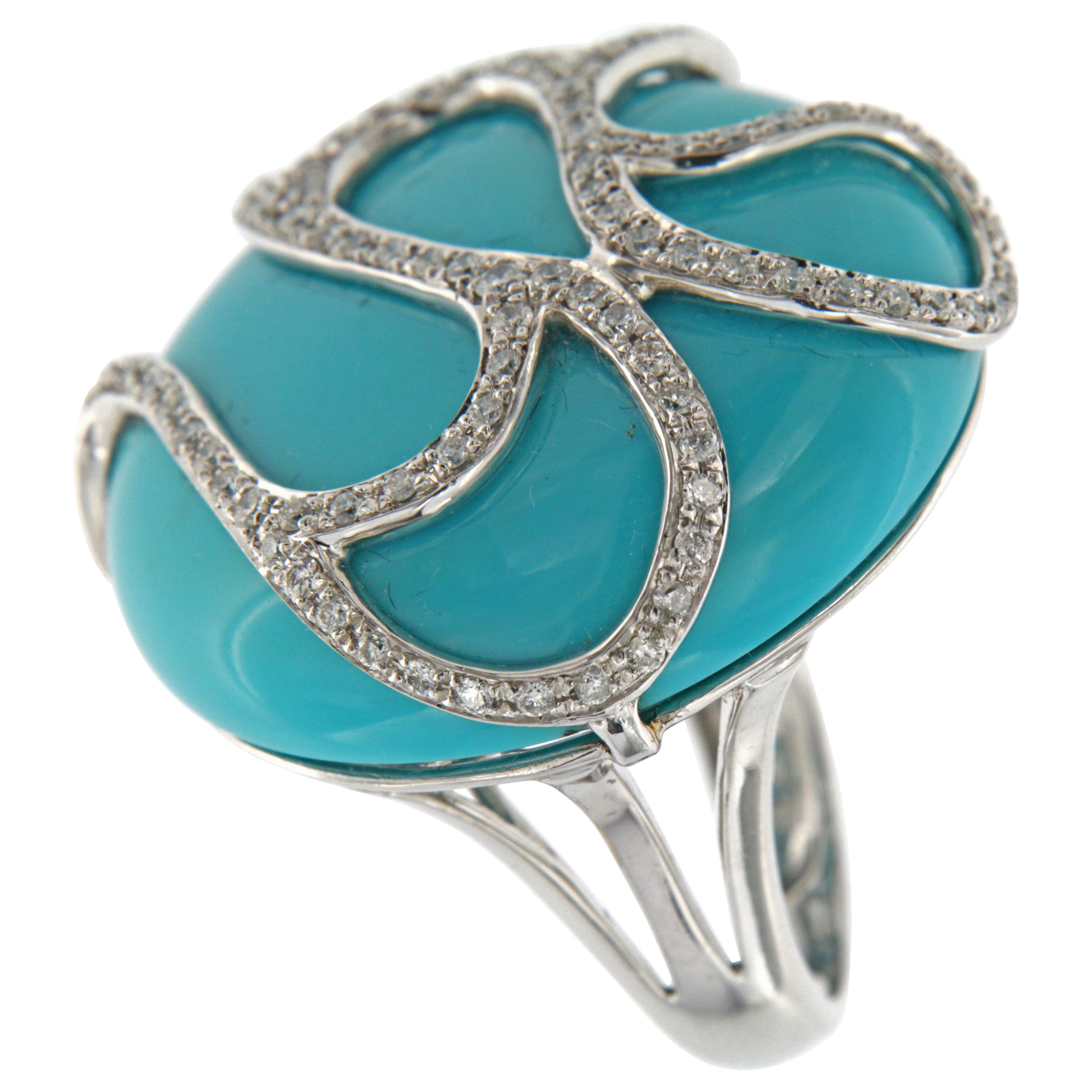 55.85Ct Huge Sleeping Beauty Turquoise Ring with Diamonds in 14K White Gold For Sale