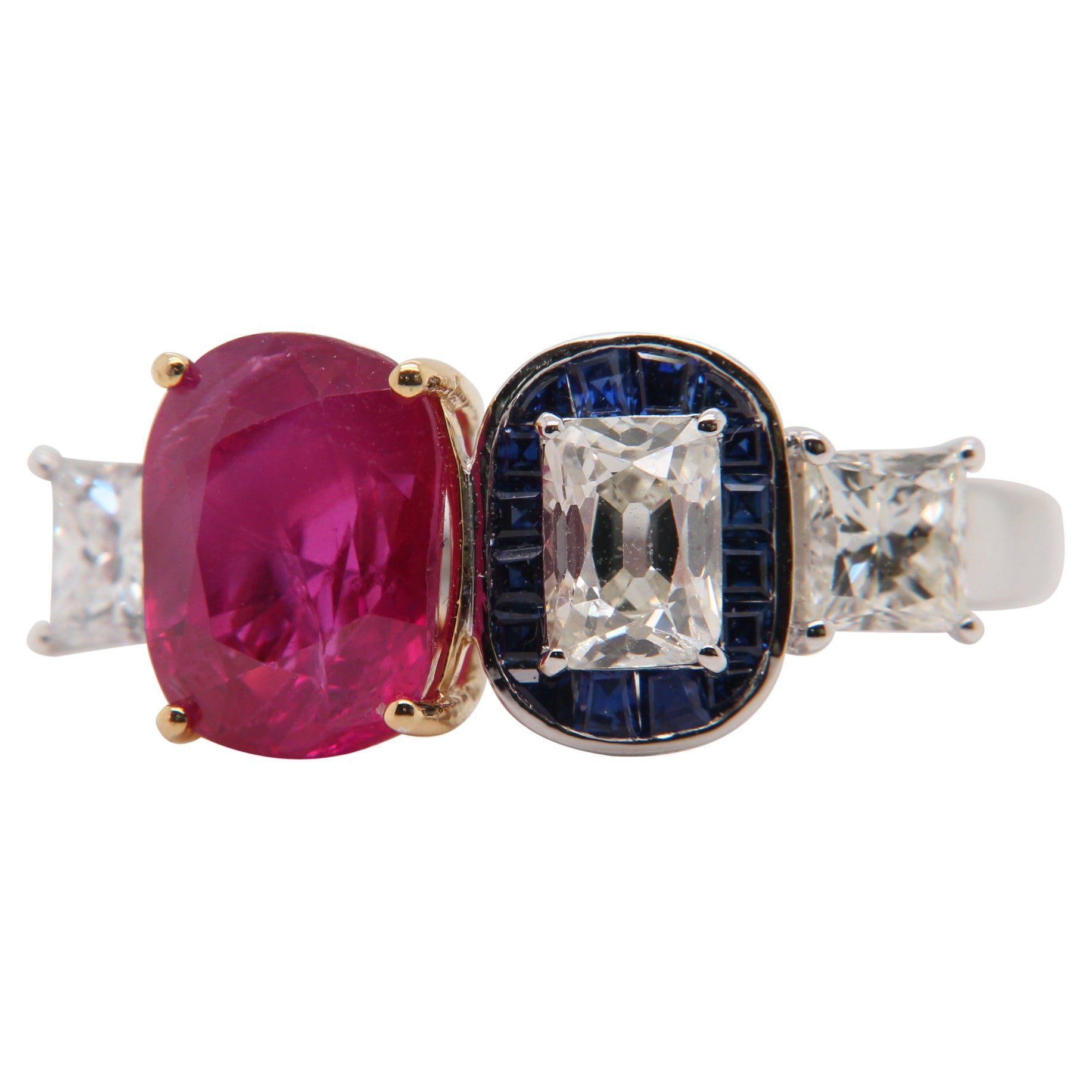 AGL Certified 3.03 Carat Burmese Ruby, Diamond and Blue Sapphire Ring