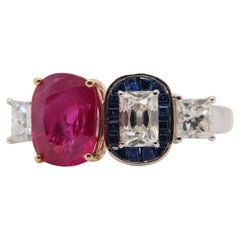 AGL Certified 3.03 Carat Burmese Ruby, Diamond and Blue Sapphire Ring