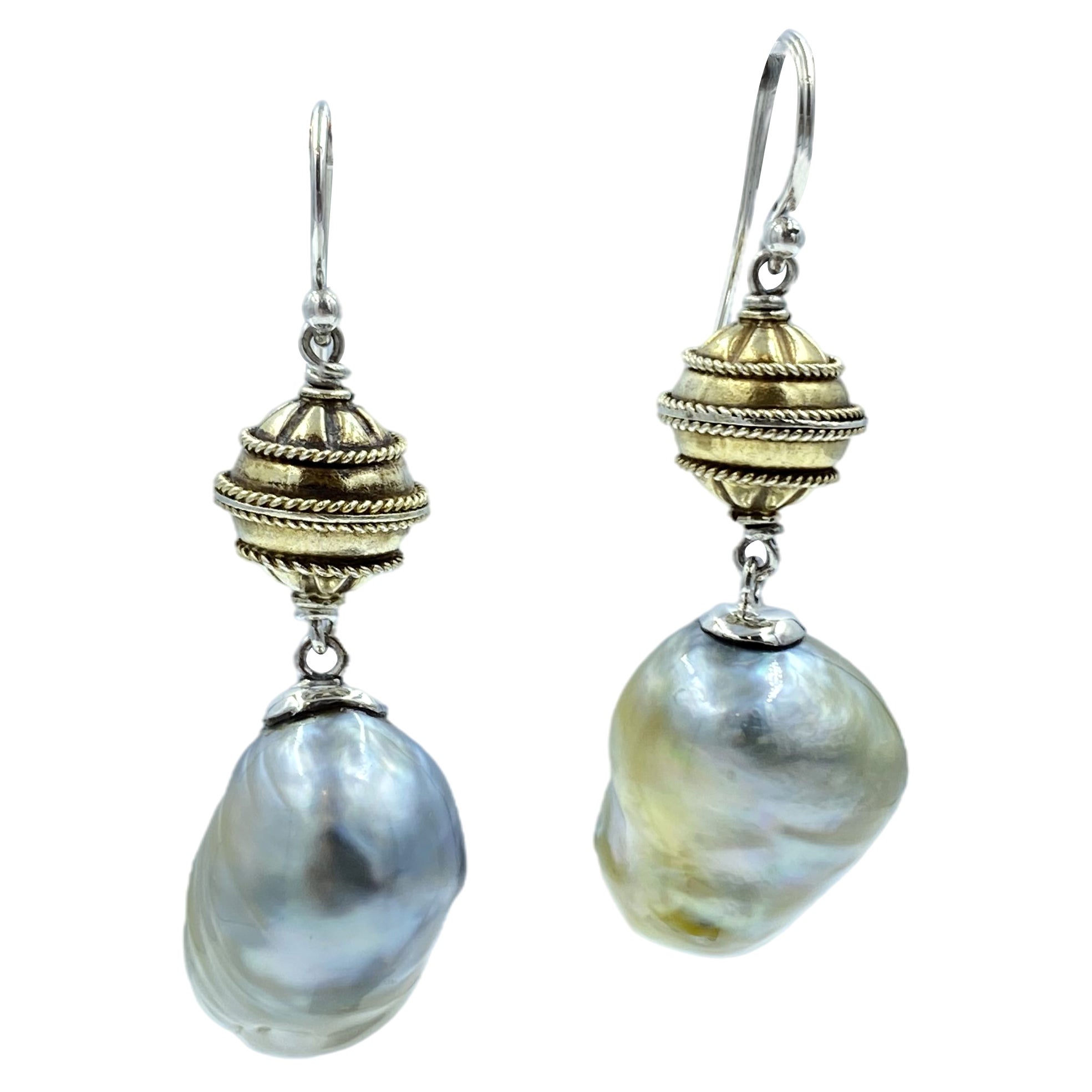 Sterling Silver Gold Plate Lantern Beads Baroque South Sea Pearl Drop Earring For Sale