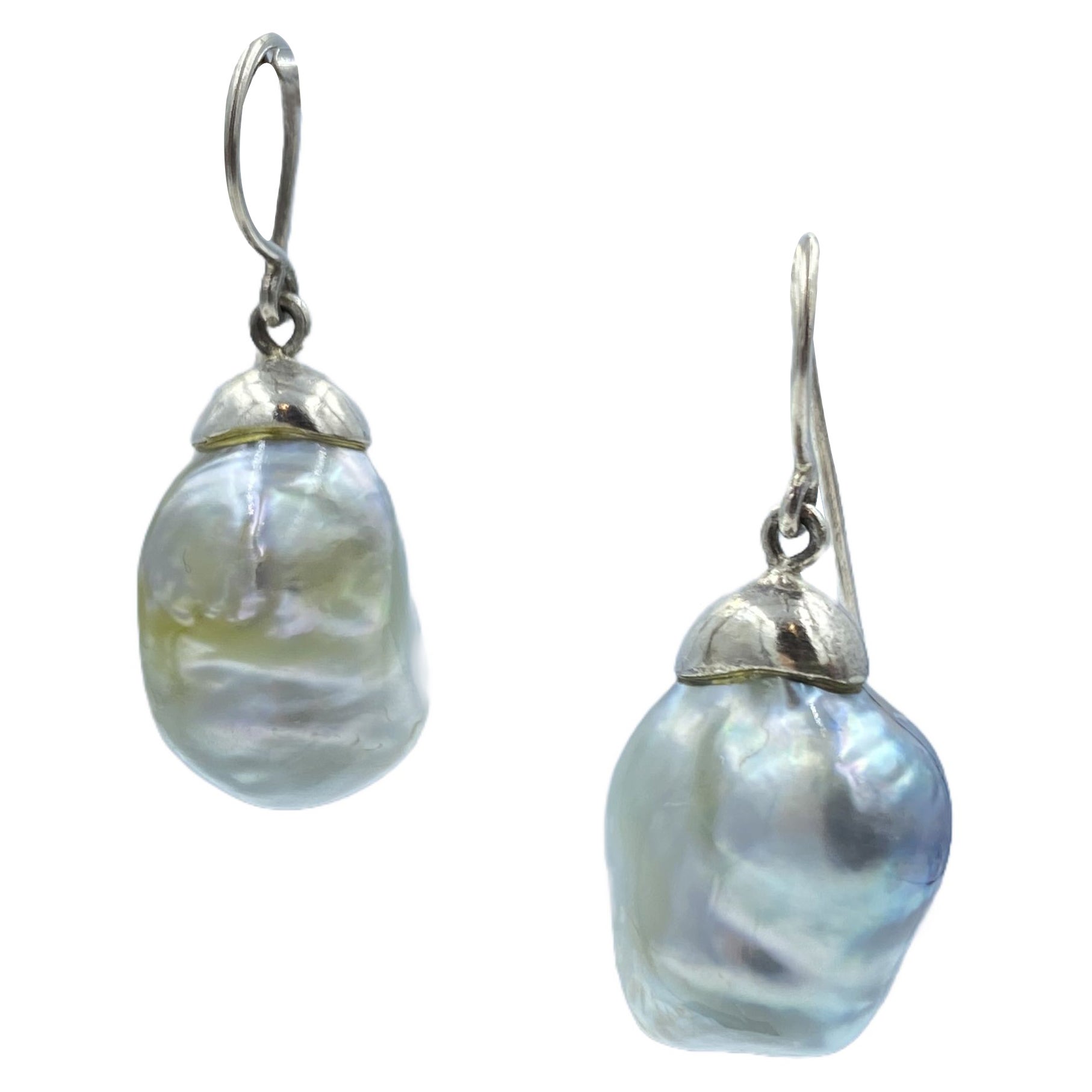 Sterling Silver Large Baroque South Sea Pearl Drop Earring For Sale
