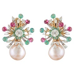 14 Karat Pearl Emerald Tourmaline and White Diamond Stud Earrings