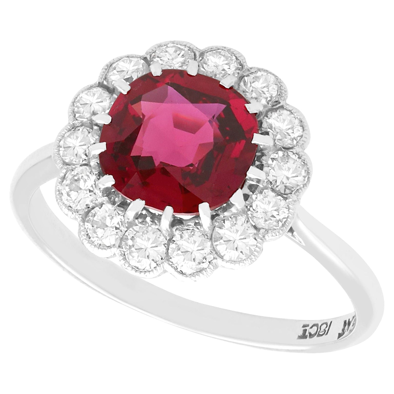 Vintage 1.70 Carat Thai Ruby Diamond White Gold Cluster Ring For Sale