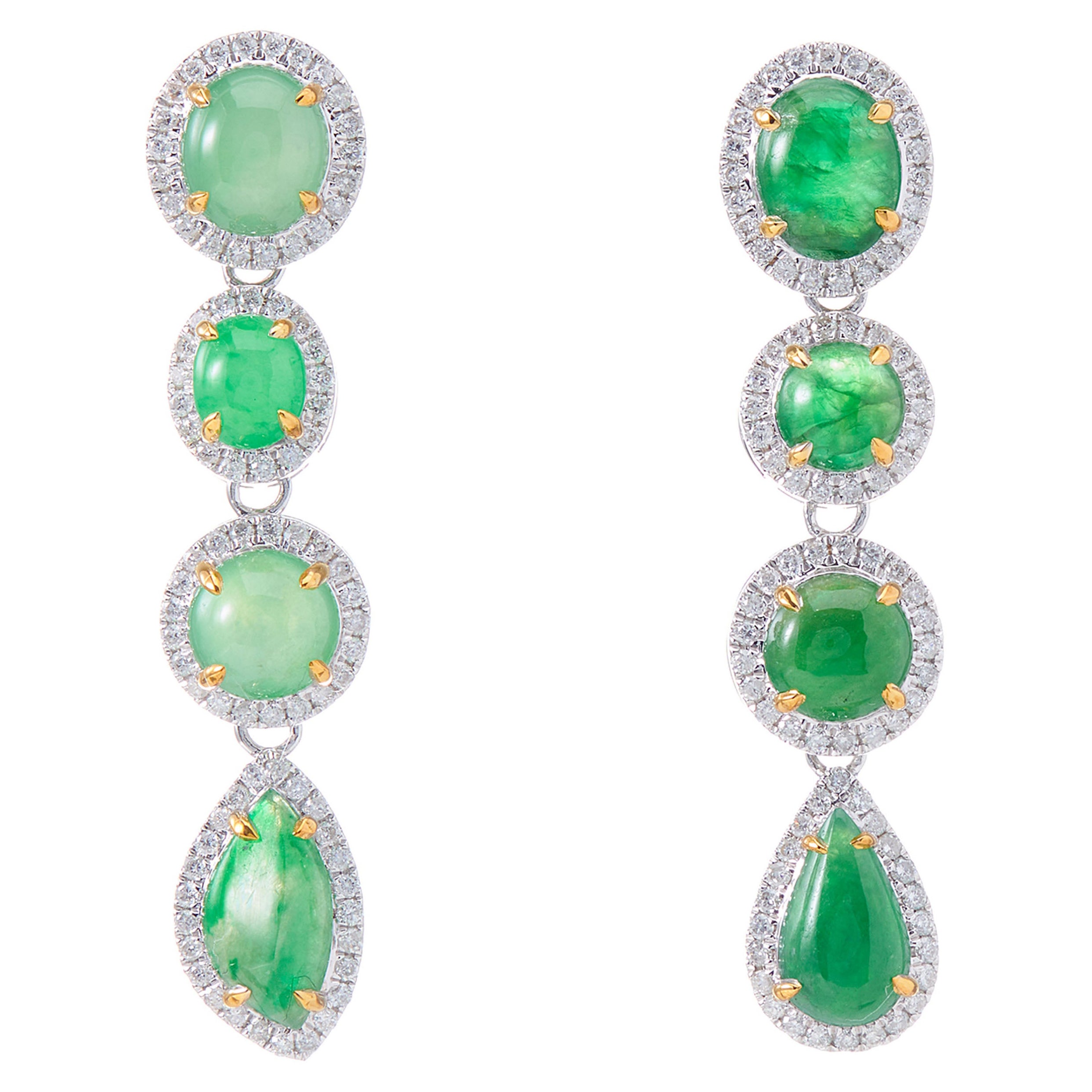 Fei Liu Imperial Green Jade Diamond 18 Karat White Gold Asymmetric Long Earrings