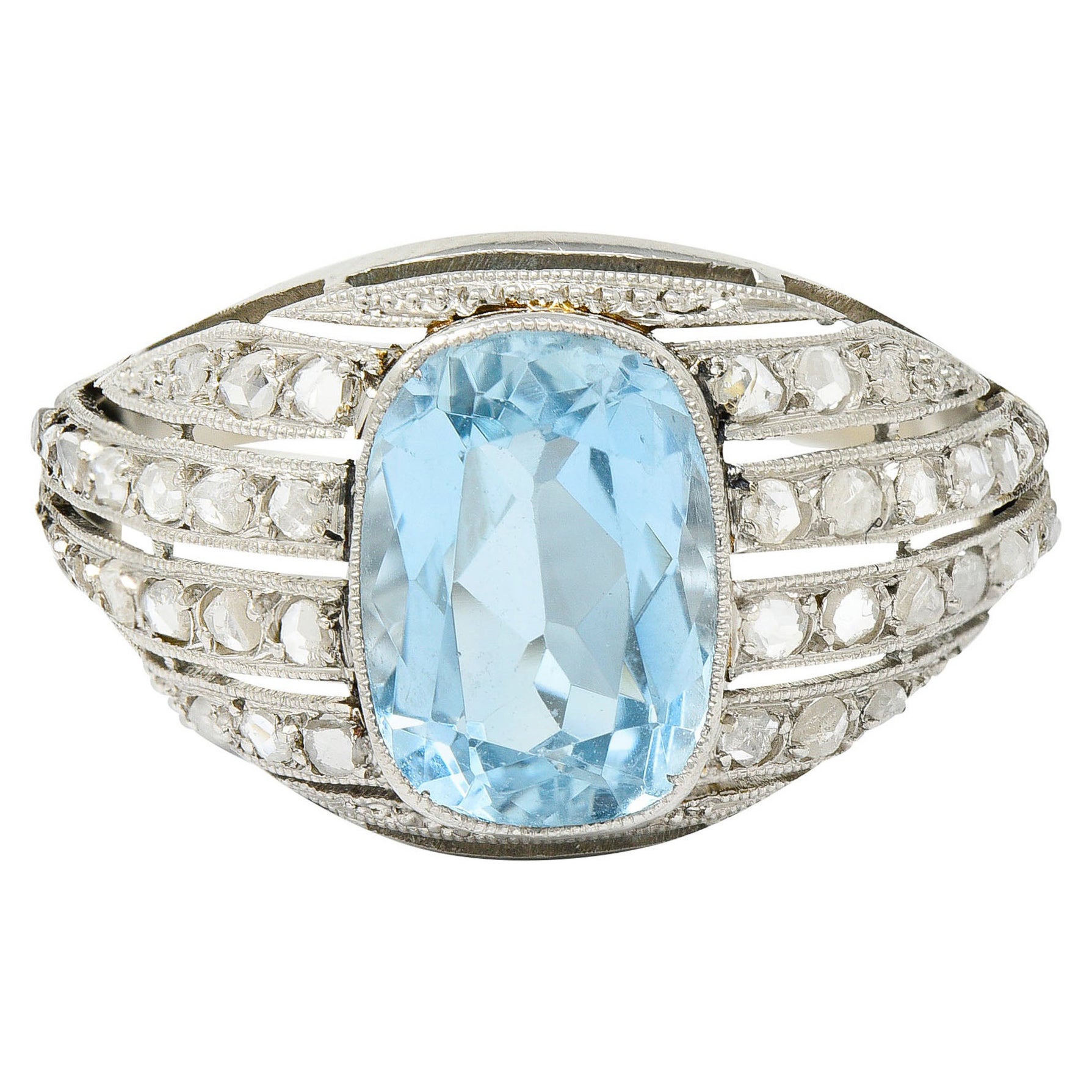 1920's Art Deco Aquamarine Diamond Platinum Bombe Band Ring