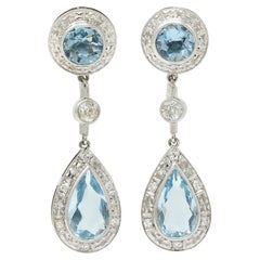 Art Deco Aquamarine Diamond 14 Karat White Gold Drop Screwback Drop Earrings