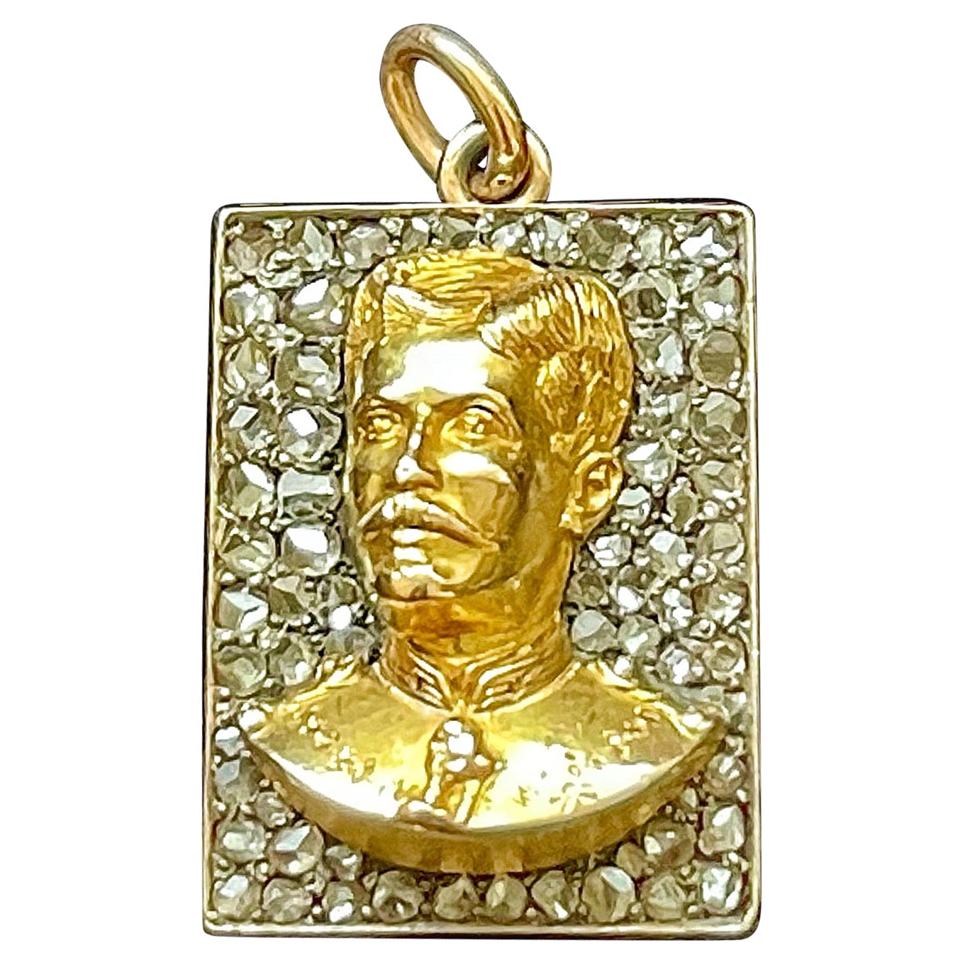 Antique Diamond and Gold Bust of Military General Portuguese Necklace Pendant For Sale