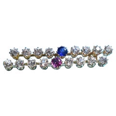 Antique Belle Époque Ruby Sapphire and Diamonds 4 Carats Barrete Brooch