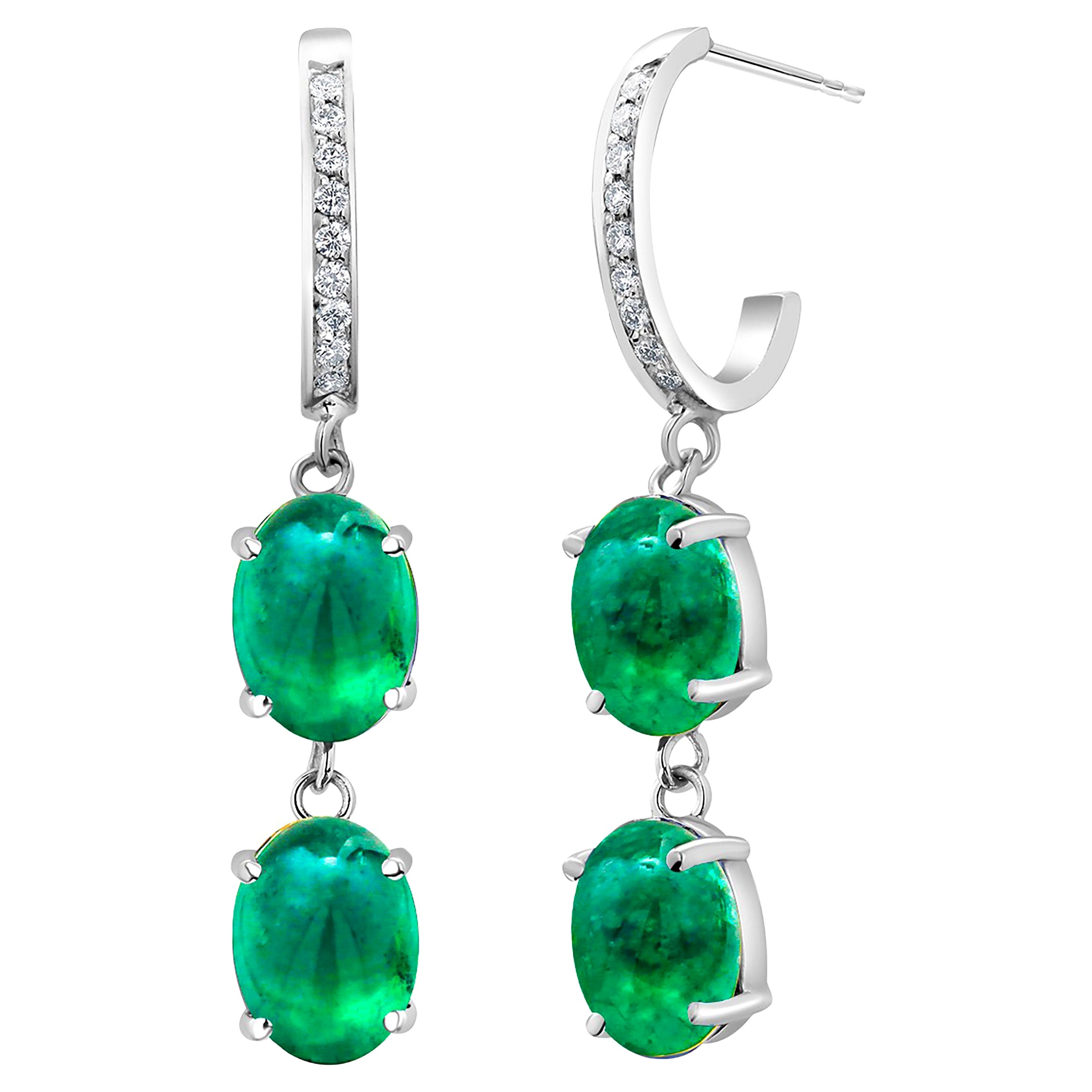 Cabochon Emerald and Diamond Double Tiered White Gold Hoop Earrings