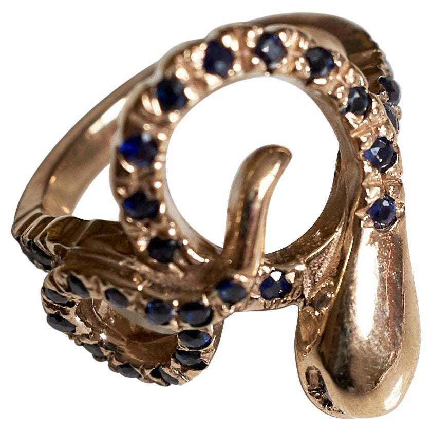 Black Diamond Aquamarine Ring Gold Snake Cocktail Ring Victorian Style J Dauphin For Sale