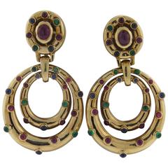 David Webb Large Emerald Ruby Sapphire Gold Doorknocker Earrings