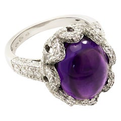Cabochon Purple Amethyst Cocktail Ring Surrounded by a Crown of White Diamonds