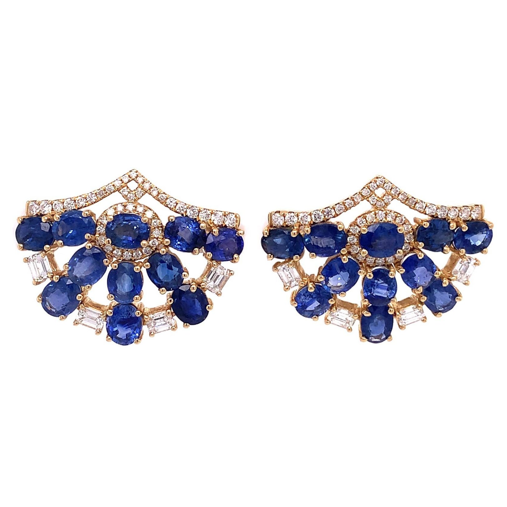 RUCHI Blue Sapphire & Pavé Yellow Gold Fan Stud Earrings For Sale