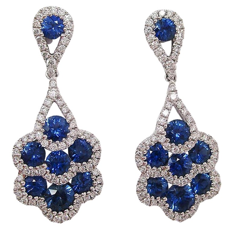 Royal Blue Sapphire and 18 Karat White Gold Diamond Dangle Earrings