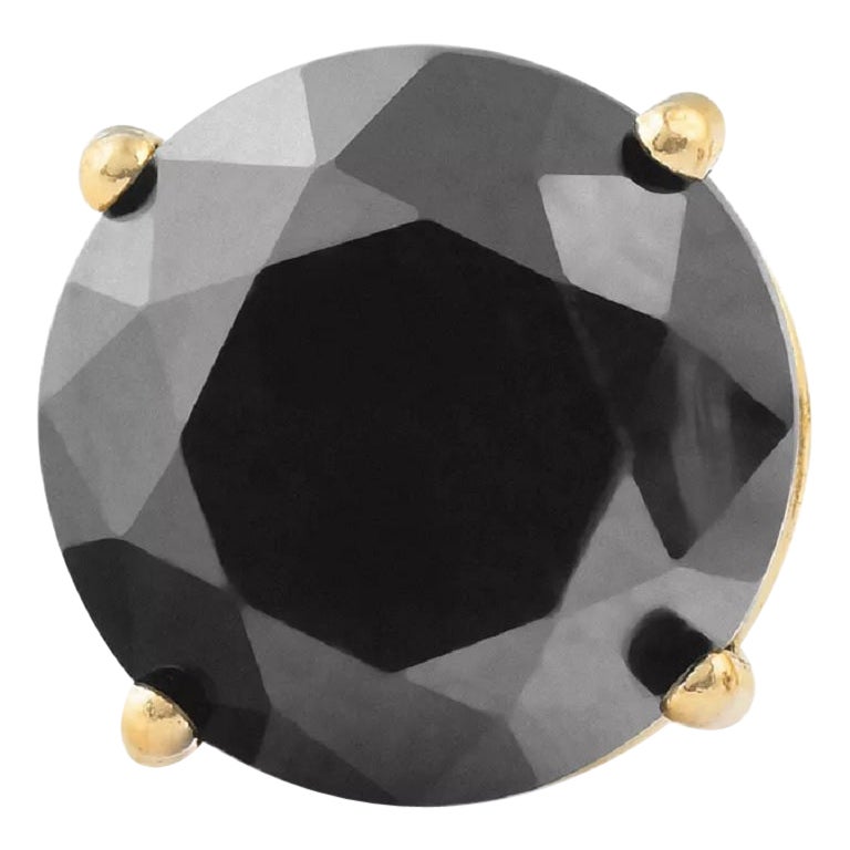 3.03 Carat Round Black Diamond Single Stud Earring for Men in 14 K Yellow Gold