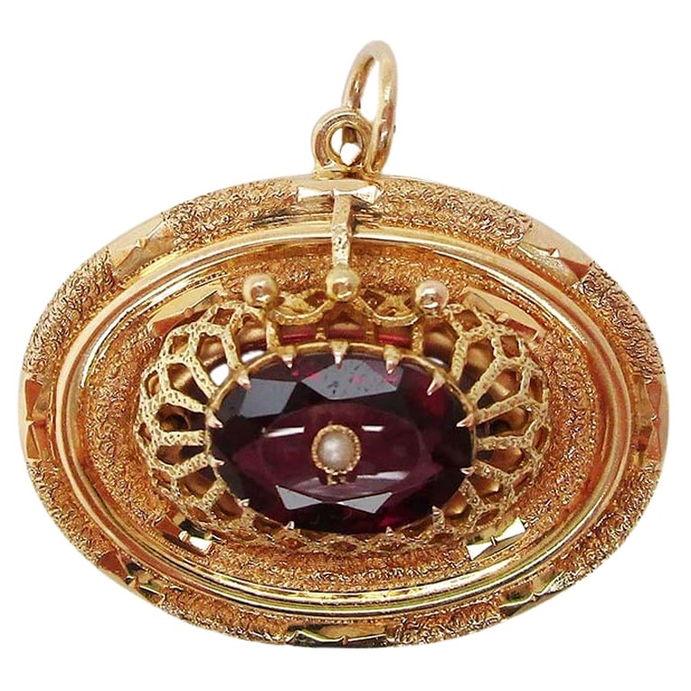 14 Karat Yellow Gold 1880 Victorian Red Garnet and Pearl Pendant