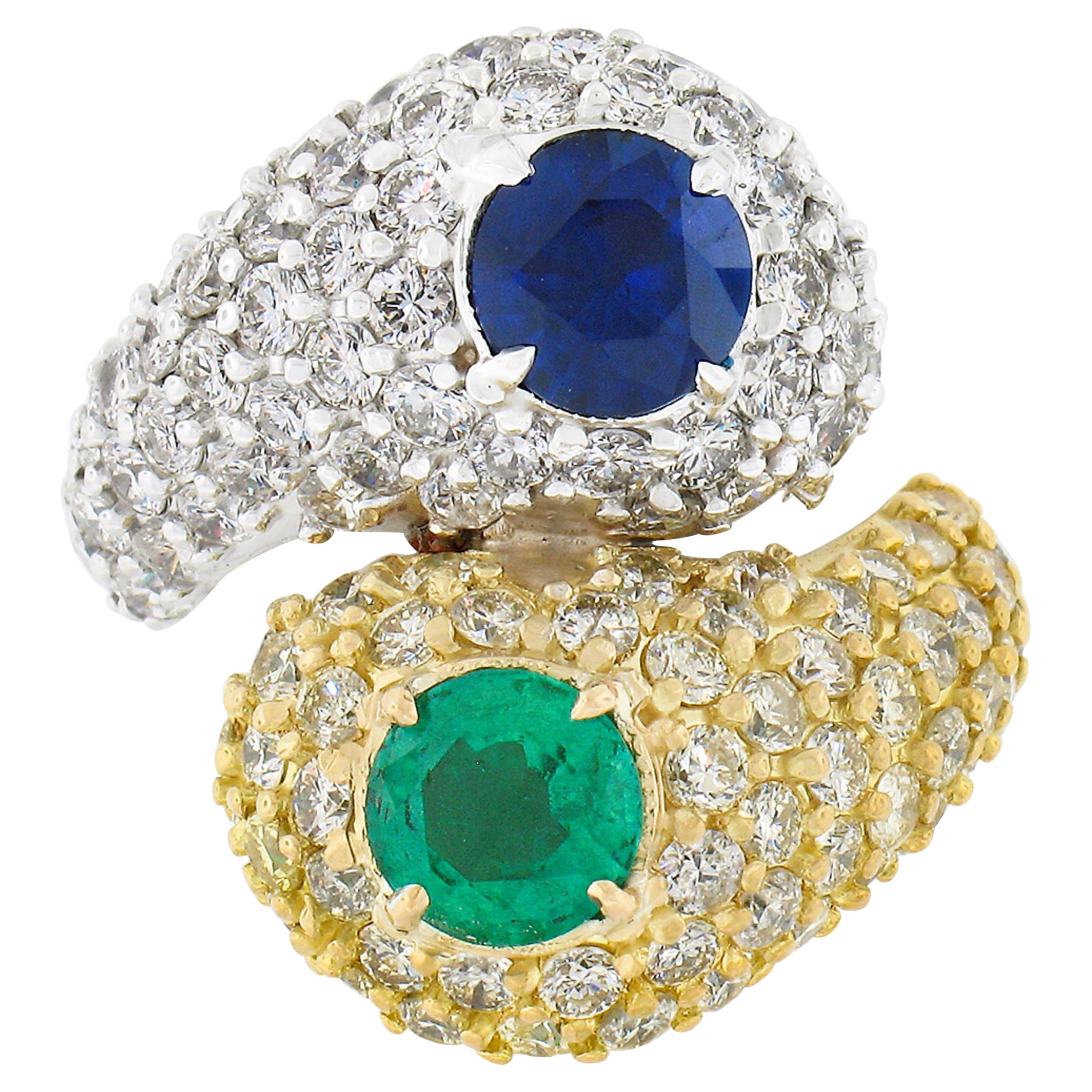 18k TT Gold 6.20ctw Sapphire & Emerald Fancy Diamond Snake Bypass Cocktail Ring For Sale