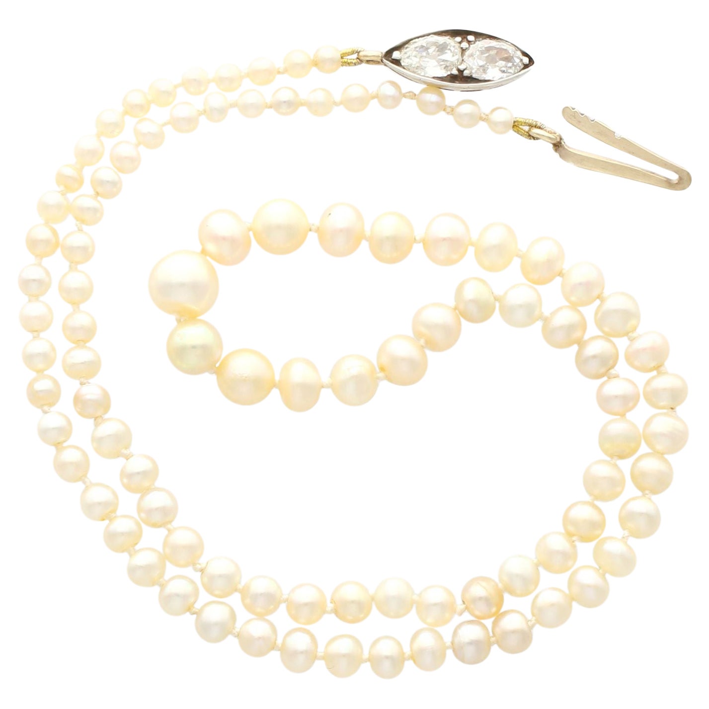 Antique Single Strand Natural Pearl Necklace with 1.02 Carat Diamond Set Clasp