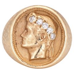 Bust of Caesar Ring Vintage 14k Yellow Gold Signet Diamond Estate Jewelry
