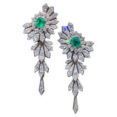 Art Deco Style Emeralds and Diamonds 8 Carat Double Earrings