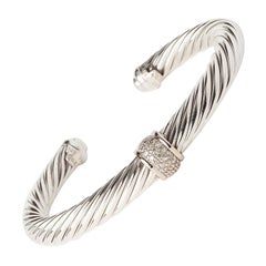 David Yurman Cable Sterling Silver 0.22ct Round Diamond Cuff Bracelet