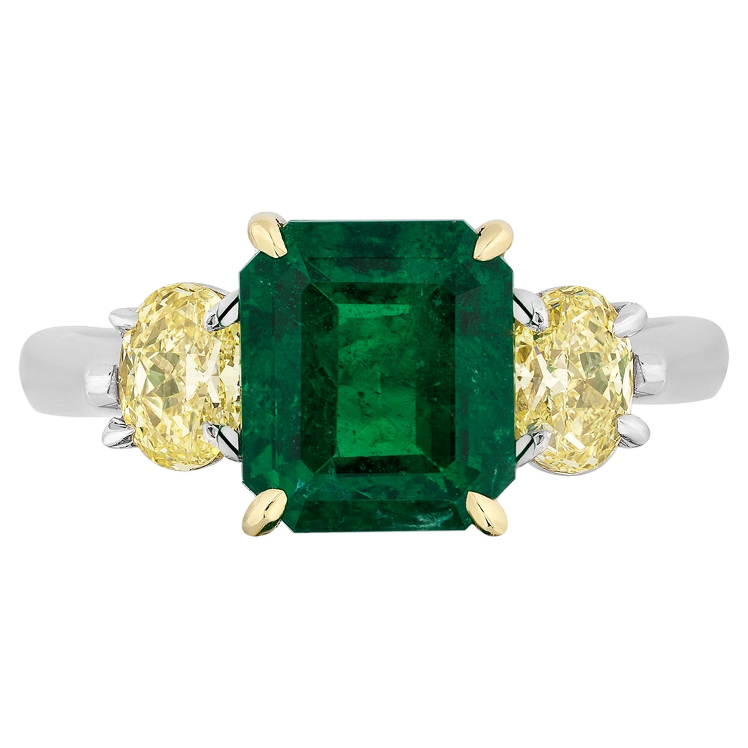 Andreoli 2.96 Carat Zambian Emerald Yellow Diamond Platinum Ring CDC Certified For Sale