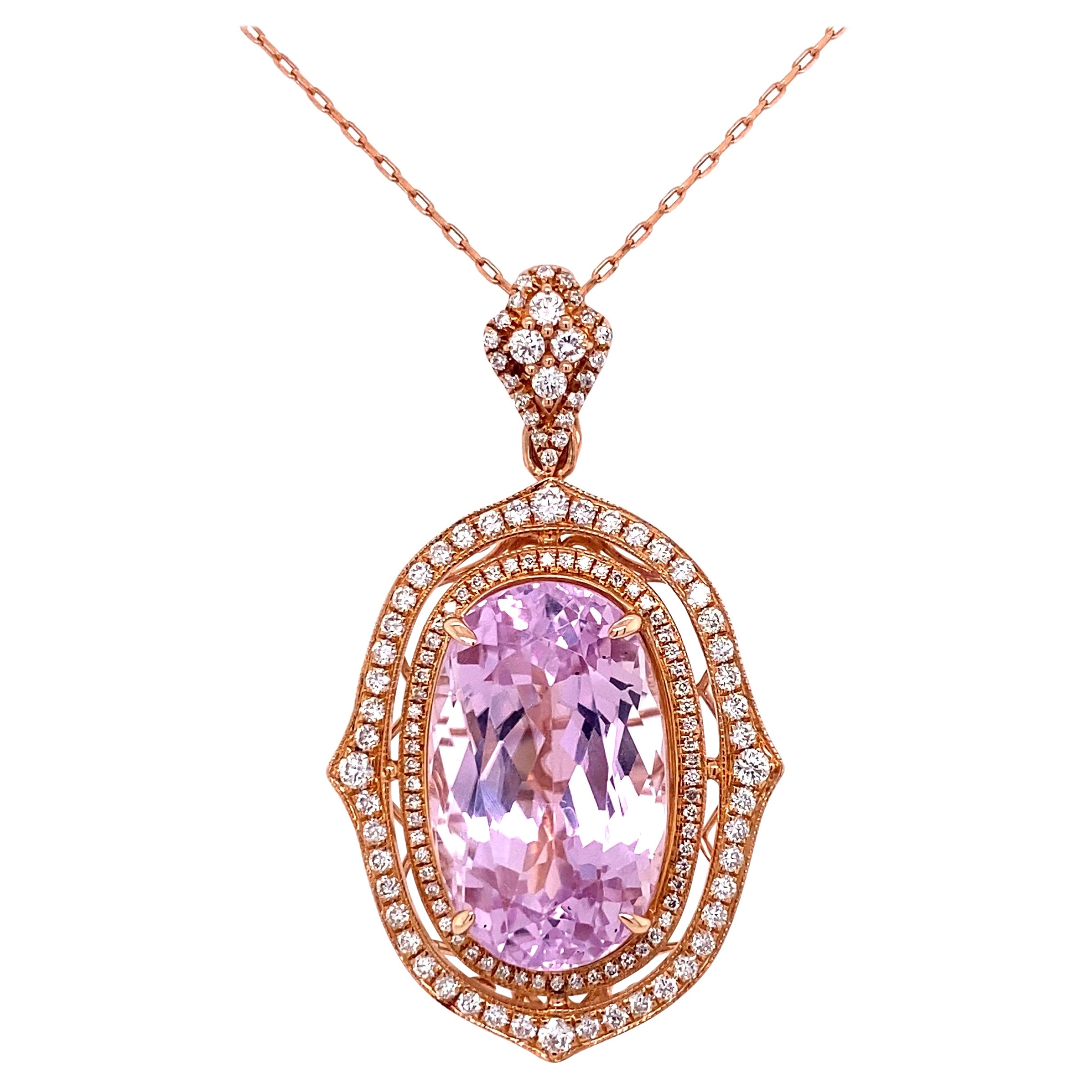 21.20 Carat Kunzite and Diamond Rose Gold Pendant Necklace Estate Fine Jewelry