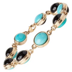 Carlo Viani Sleepy Beauty Yellow Gold Oval Cut Onyx & Turquoise Chain Bracelet