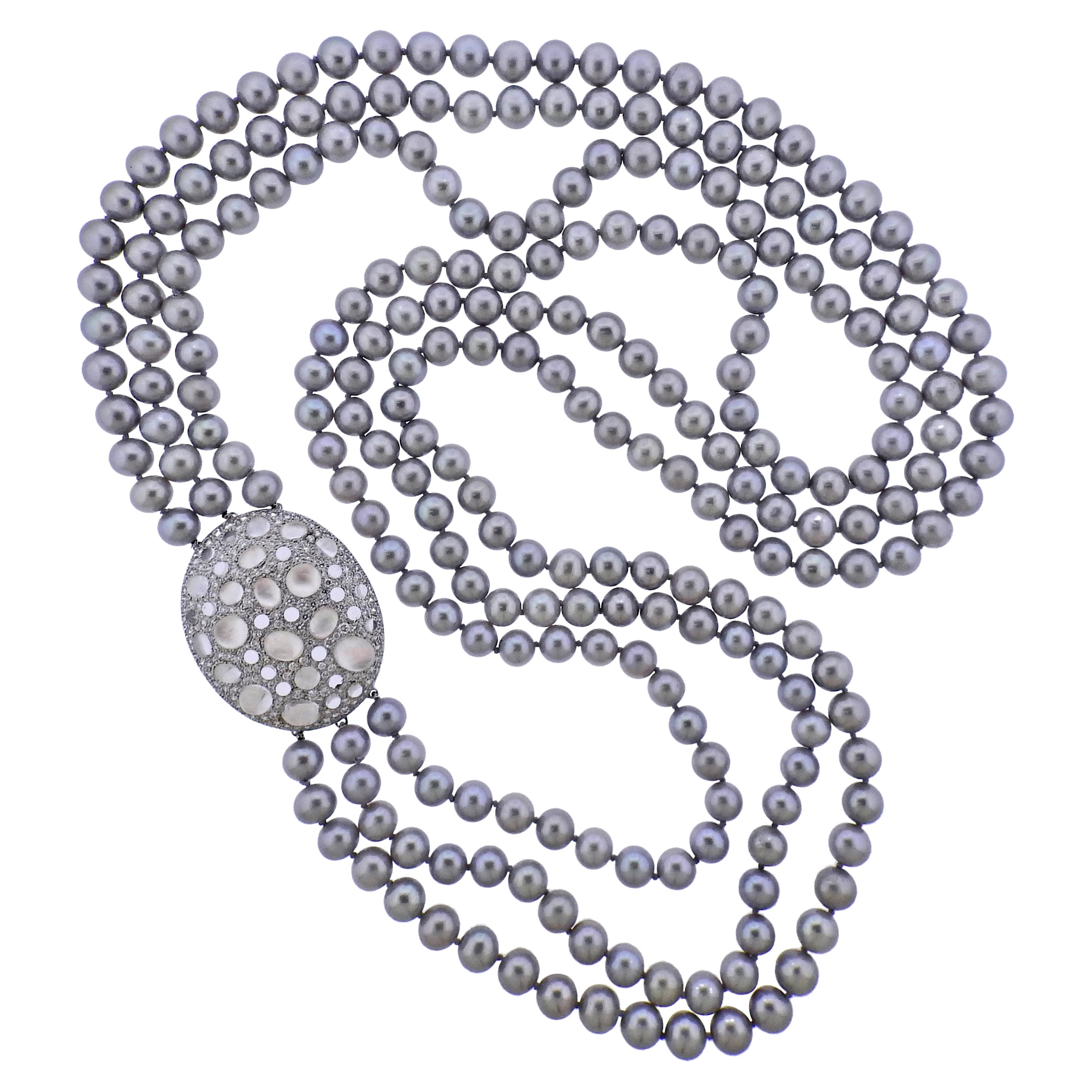 Impressive Ivanka Trump Grey Pearl Diamond Crystal Gold Necklace For Sale