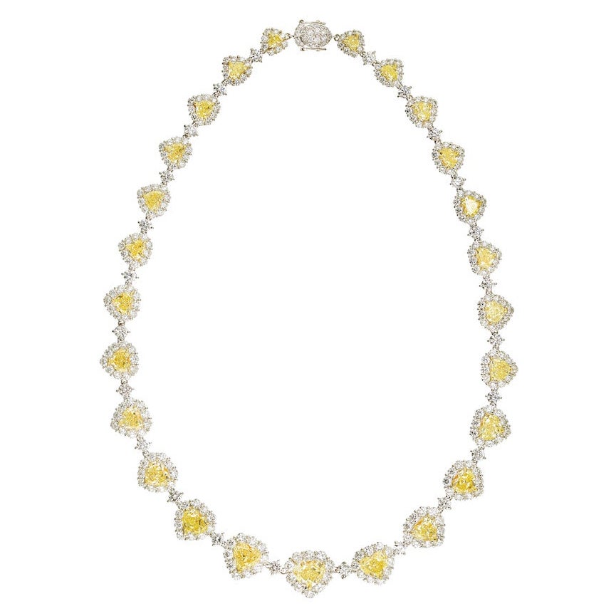 50 Carat Fancy Intense Yellow Heart and White Diamond Infinity Necklace