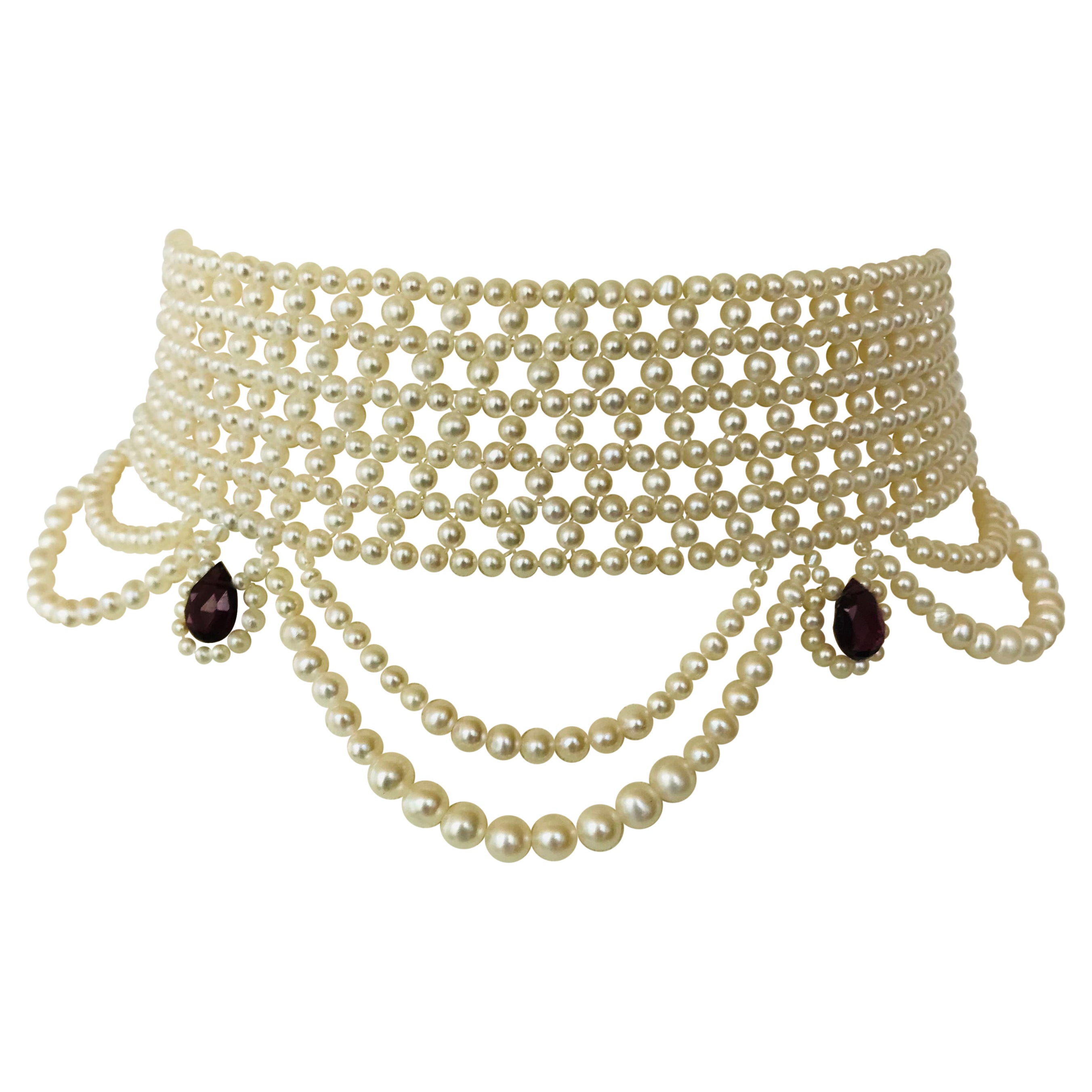 Marina J Woven Pearl Choker with Pearl Drapes, Garnet Briolettes and 14 K Gold