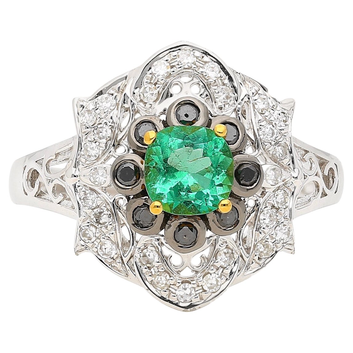 0.48 Carat Cushion Cut Emerald with Black and White Diamonds 14k White Gold Ring For Sale