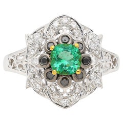0.48 Carat Cushion Cut Emerald with Black and White Diamonds 14k White Gold Ring