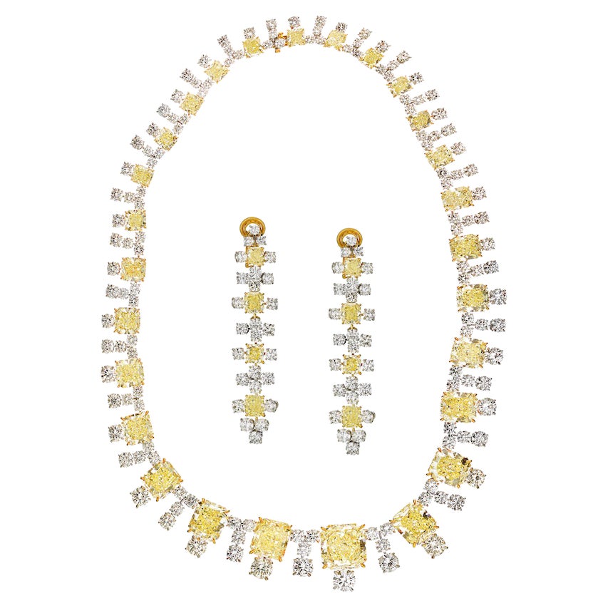 Collier d'infini de diamants jaunes fantaisie taille radiant de 94,65 carats