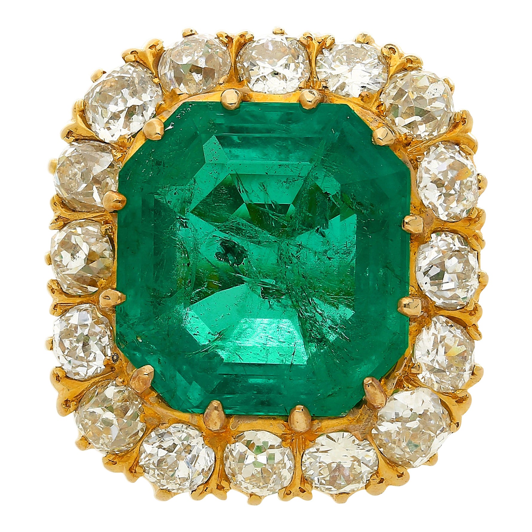GRS Certified 14.51 Carat Emerald and Old European Cut Diamond Halo Ring