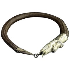 Bracelet jonc de deuil victorien en forme de serpent, or jaune 9 carats, travail de cheveux, Ouroboros