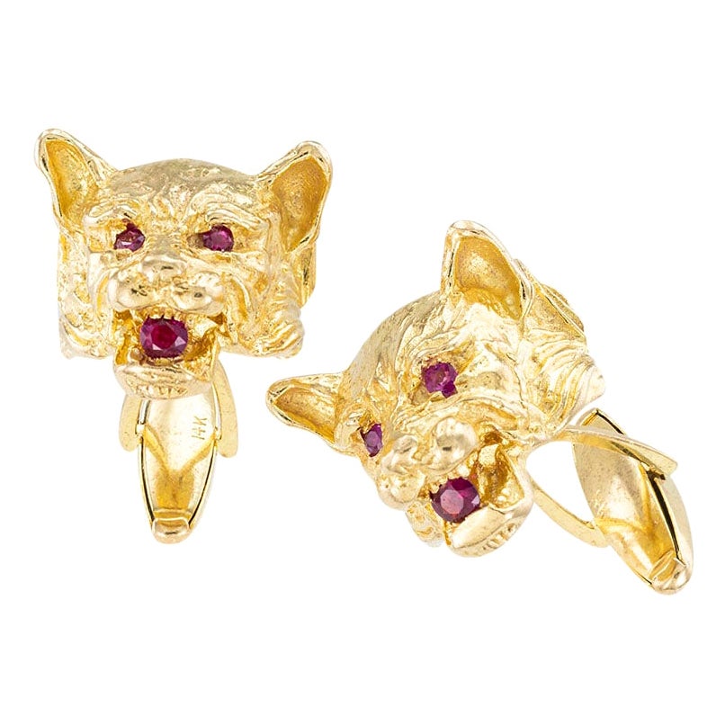 Wolf Head Ruby Yellow Gold Cufflinks