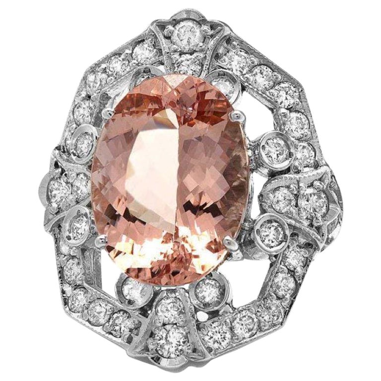 8.60 Carats Natural Morganite and Diamond 14K Solid White Gold Ring For Sale