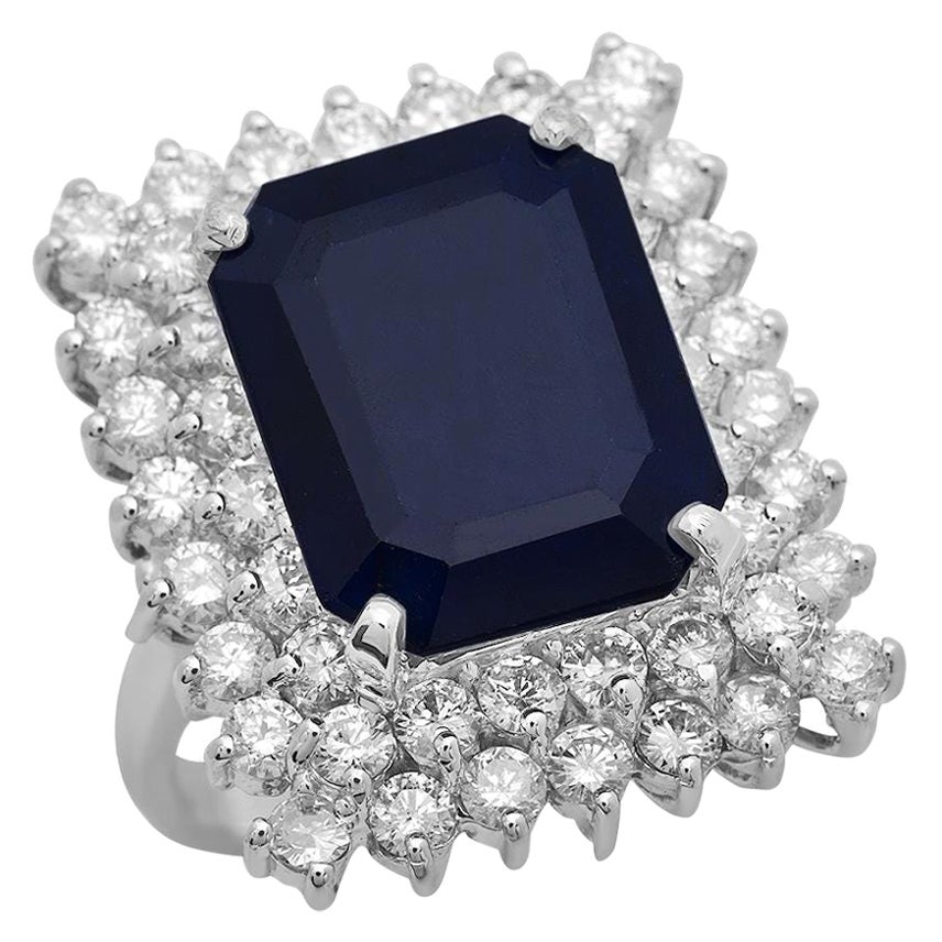 12,00 Karat natürlicher blauer Saphir und Diamant 14K massiver Weißgold Ring im Angebot