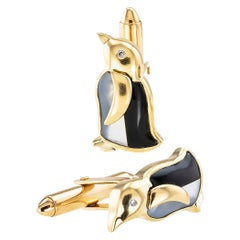 Diamond Black Onyx Mother of Pearl Yellow Gold Emperor Penguin Cufflinks