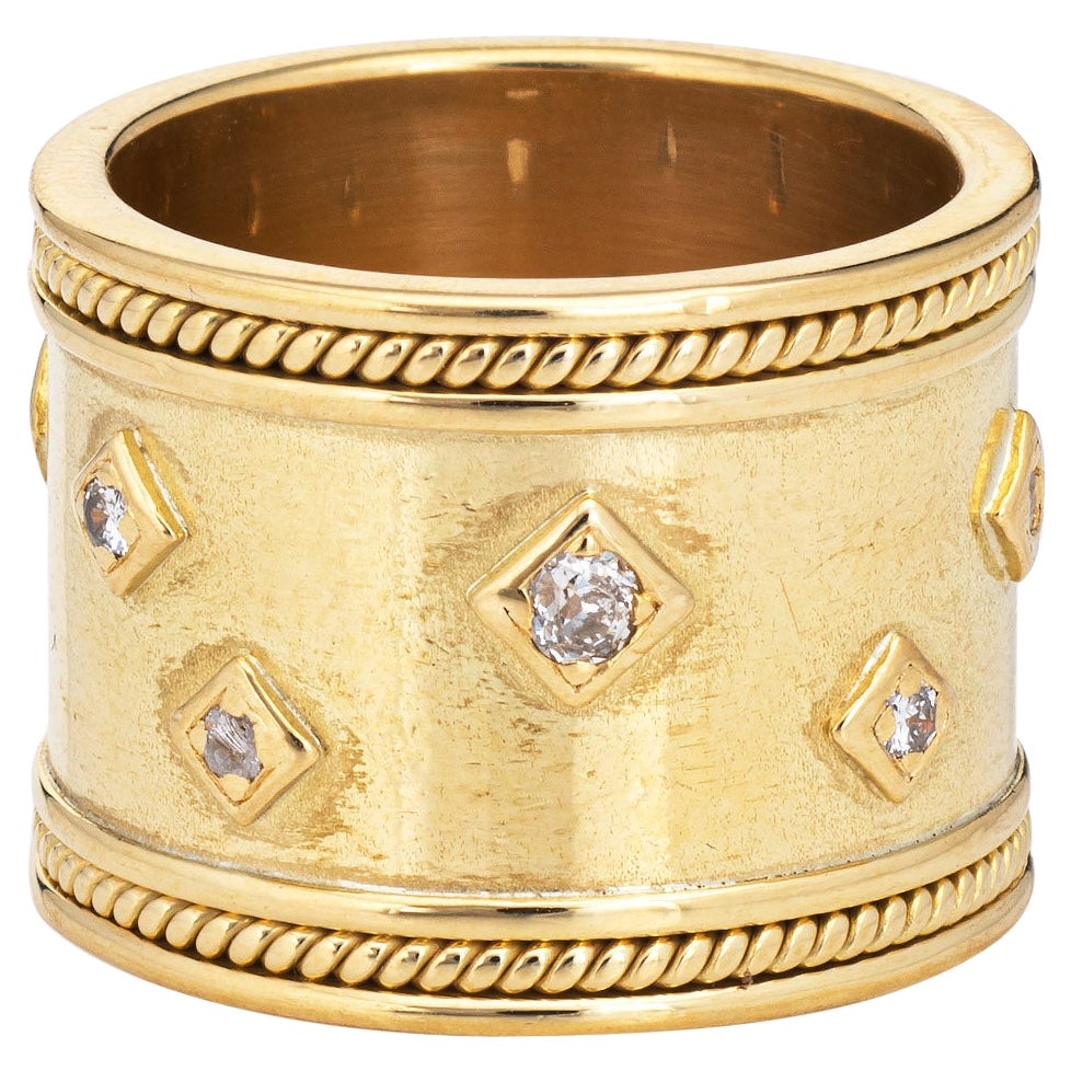 Wide Band Cigar Ring 18k Yellow Gold Diamond Vintage Fine Jewelry
