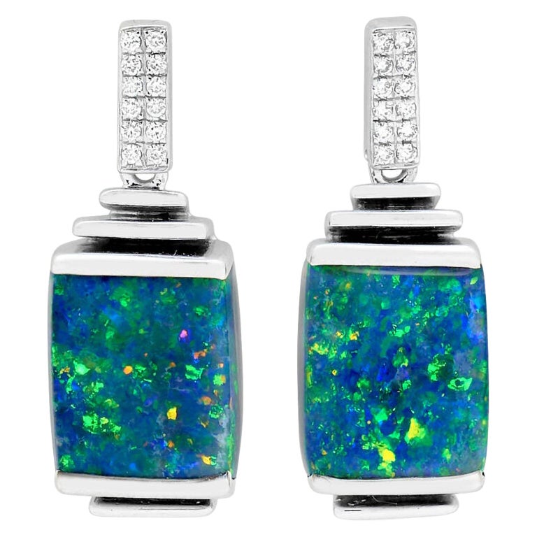 Natural Untreated Australian 7.91ct Black Opal Earrings in 18K White Gold