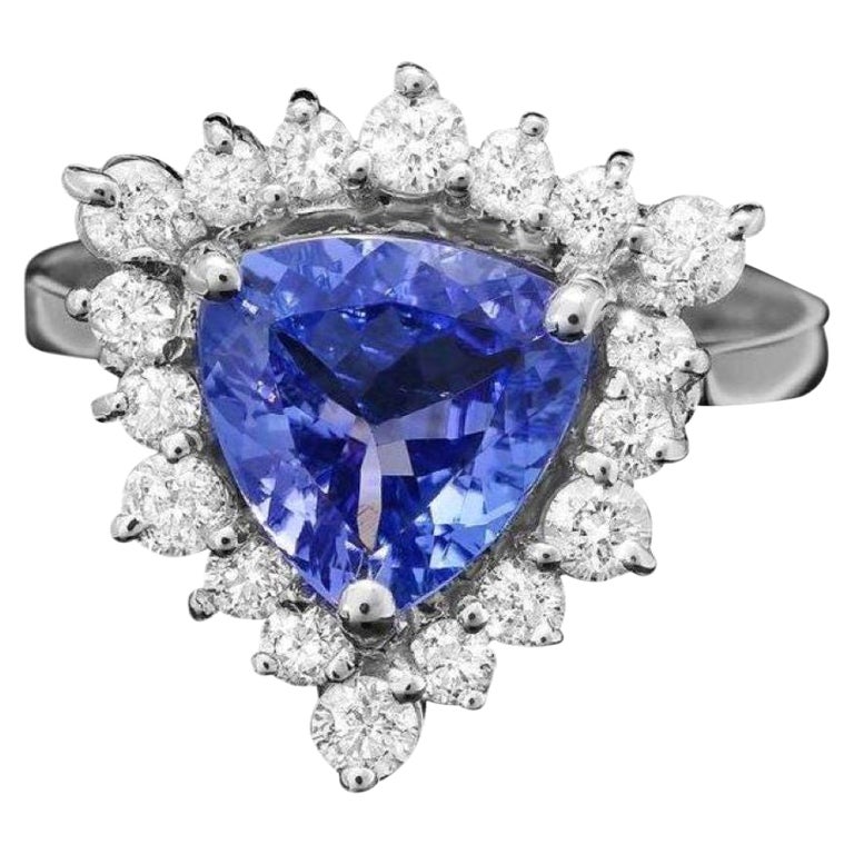 Bague Or Blanc 14k Tanzanite Naturelle Ovale 5,32ct Et Diamants - Taille Personnalisable