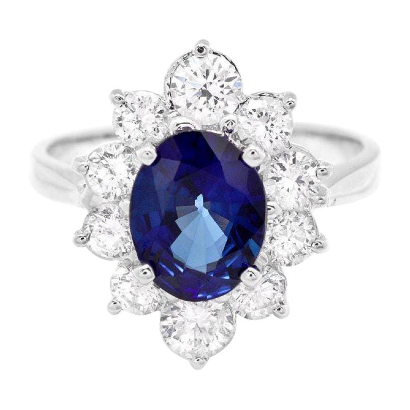 2.70 Carats Natural Sapphire and Diamond 18K Solid White Gold Ring