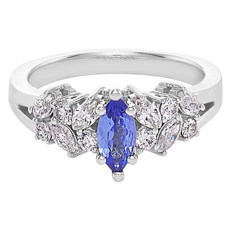 For Sale:  Marquise Cut Natural Tanzanite and Diamond Engagement Ring in 18K White Gold