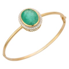 Halo Diamond and 10.87 Ct Emerald Bangle Bracelet in 18k Solid Yellow Gold