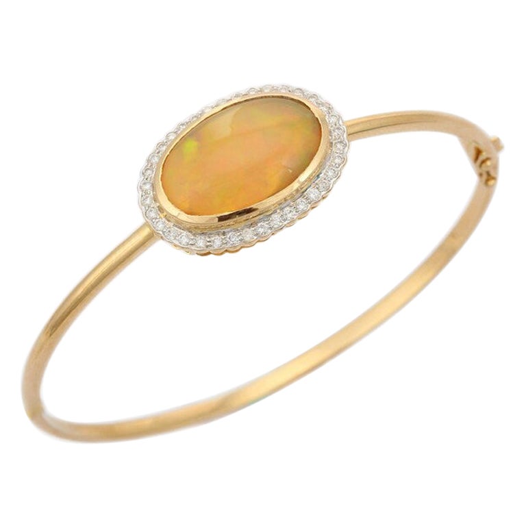 Opal Halo Diamond Bangle Bracelet in 18k Solid Yellow Gold For Her For Sale
