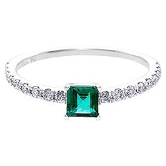Square Cut Emerald and Round Brilliant Diamond Engagement Ring in 18K White Gold