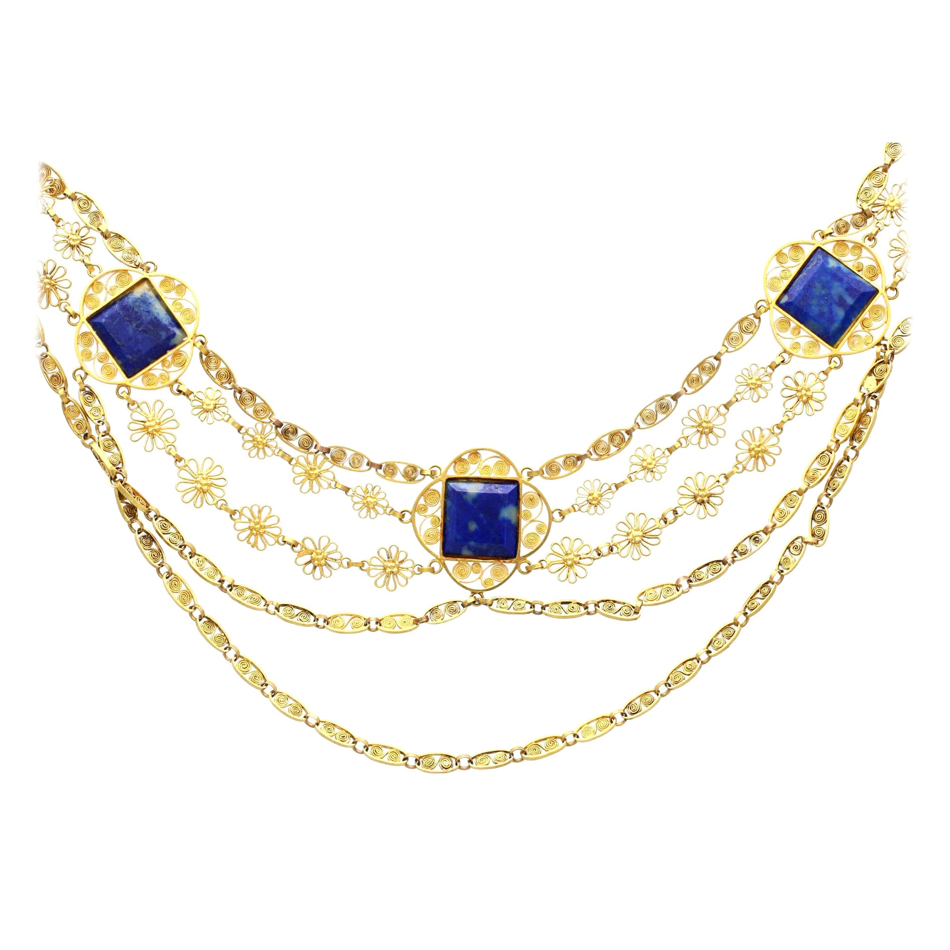Antique Victorian 5.55 Carat Lapis Lazuli Yellow Gold Necklace